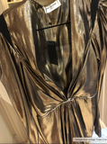 Saint Laurent Gold Deep V Neck Lame Extended Shoulder Dress Spring 2017
