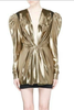 Saint Laurent Gold Deep V Neck Lame Extended Shoulder Dress Spring 2017