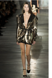 Saint Laurent Gold Deep V Neck Lame Extended Shoulder Dress Spring 2017