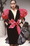 Saint Laurent Rive Gauche Black Velvet Dress with Pink Fuchsia Gigot Sleeves