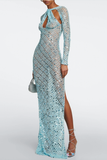 Coperni Blue Sheer Lace Crochet Sequin Cut Out Dress Gown