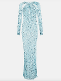 Coperni Blue Sheer Lace Crochet Sequin Cut Out Dress Gown