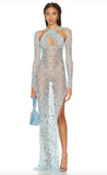Coperni Blue Sheer Lace Crochet Sequin Cut Out Dress Gown