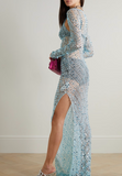 Coperni Blue Sheer Lace Crochet Sequin Cut Out Dress Gown