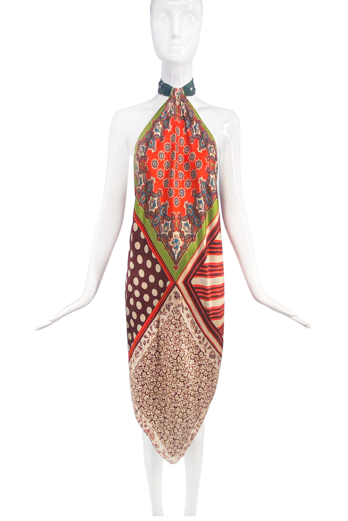 Vintage Patchwork Floral Graphic Halter Neck Silk Scarf Top Dress