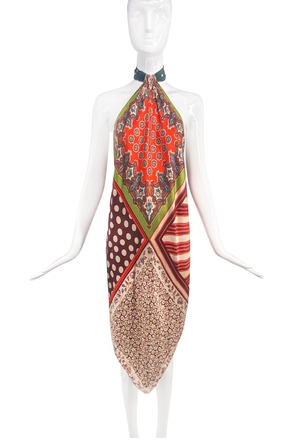 Vintage Patchwork Floral Graphic Halter Neck Silk Scarf Top Dress