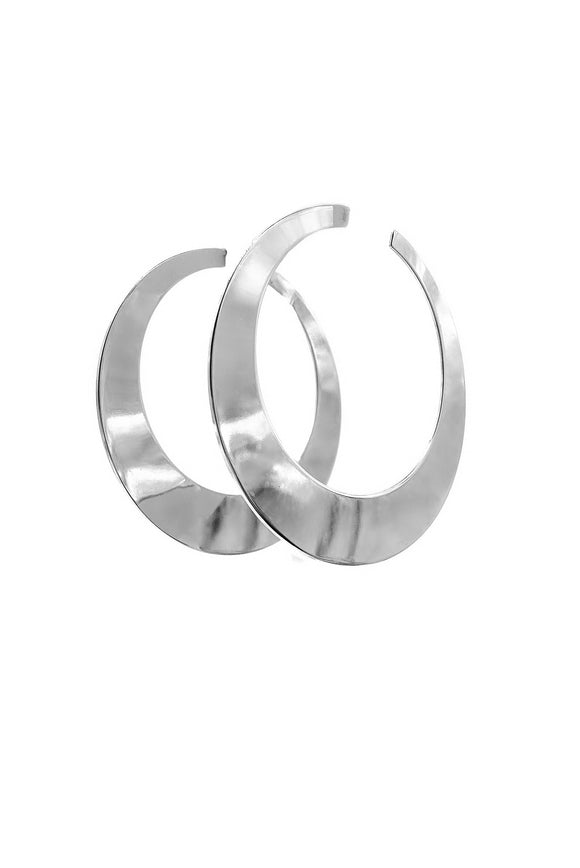 Vintage Silver Flat Oversized Half Moon Cresent Hoop Earrings