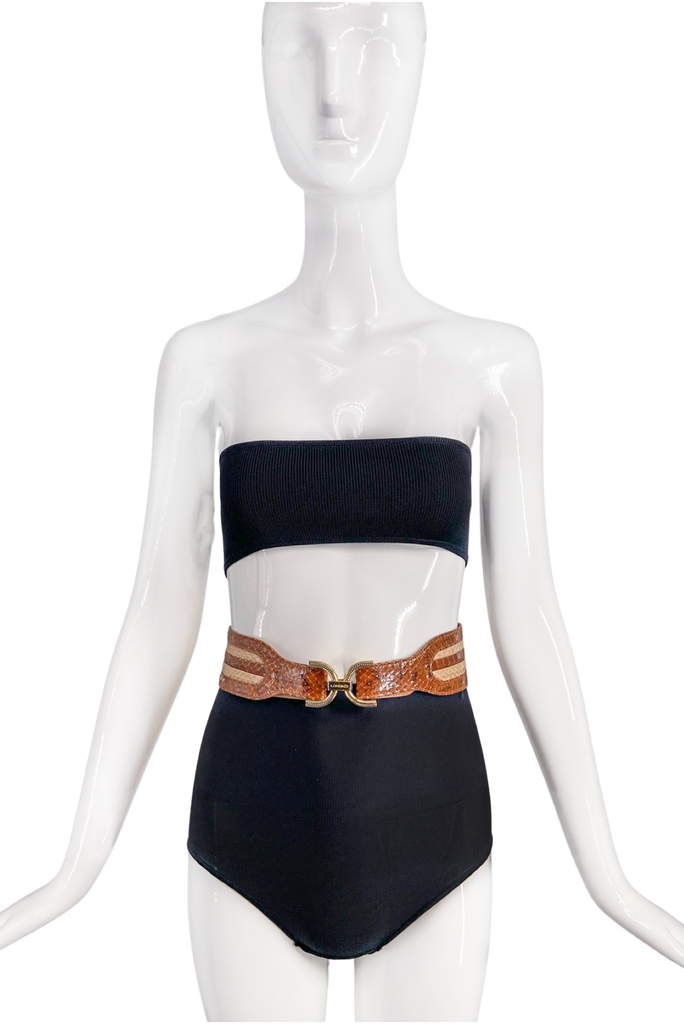 Vintage Brown Creme Snake Skin 70's Belt with Gold Buckle