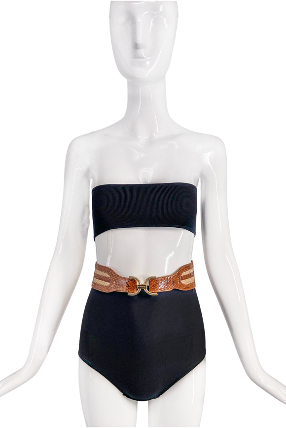 Vintage Brown Creme Snake Skin 70's Belt with Gold Buckle