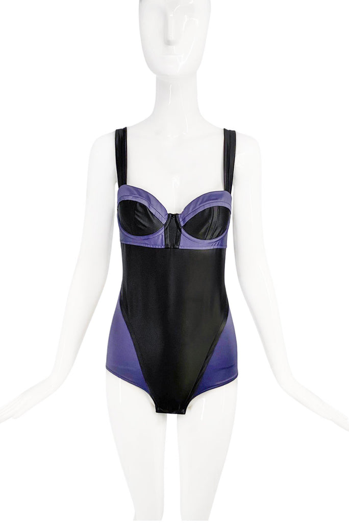 Sonia Rykiel Black Midnight Blue Purple Satin Two Tone Body Suit