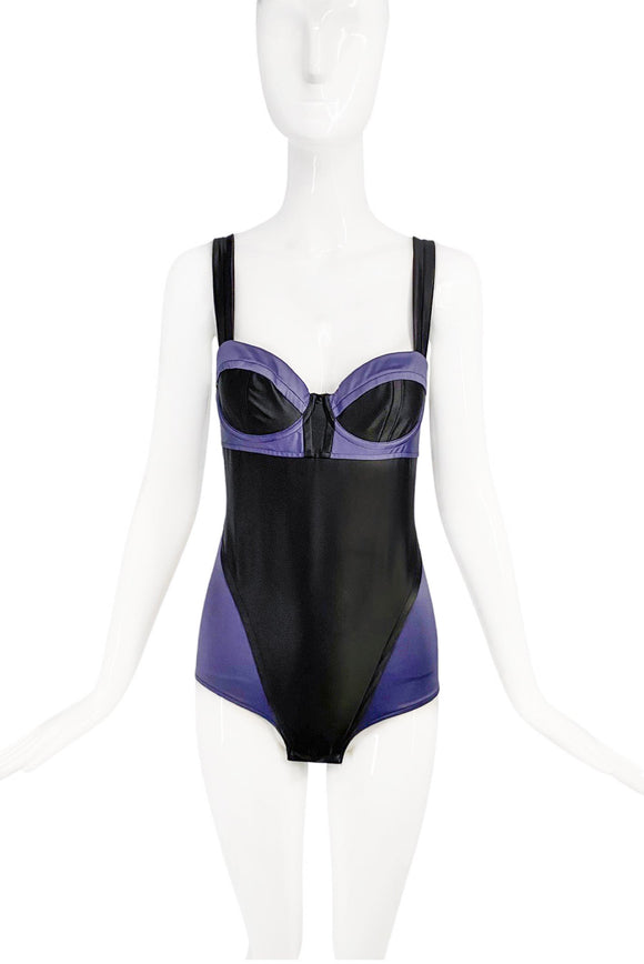 Sonia Rykiel Black Midnight Blue Purple Satin Two Tone Body Suit