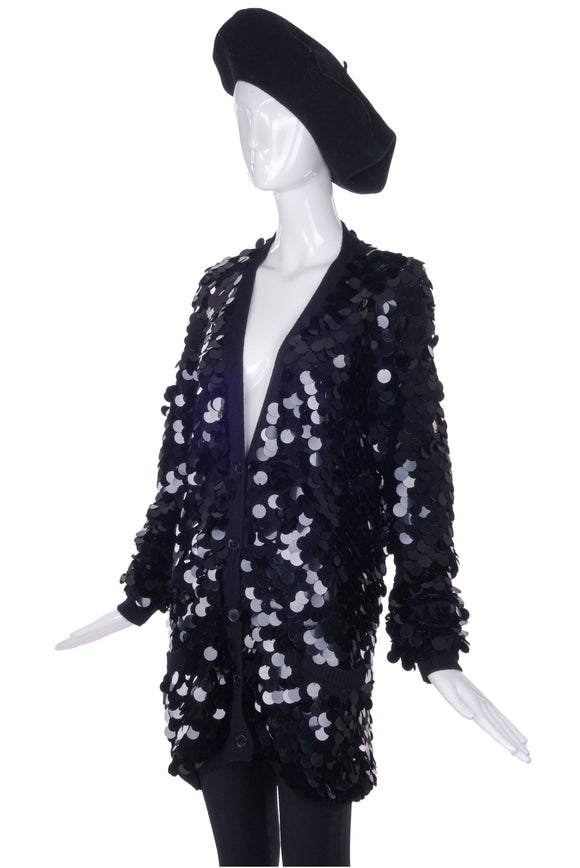 Sonia Rykiel Black Oversized Sequin Cardigan Oversized Beret Hat  - BOUTIQUE PURCHASE PRICE