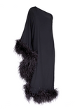 Taller Marmo Black One Shoulder Asymmetric Feather Trim Dress Gown