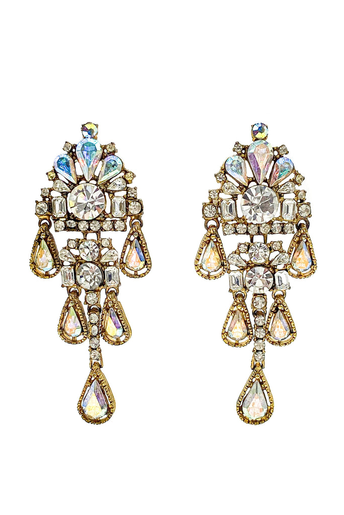 Thelma Deutsch Gold Art Deco Crystal Chandelier Earrings