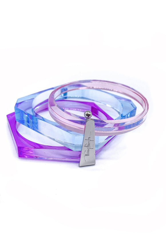 Thierry Mugler Vintage 1980's tri-color pastel lucite bracelet with Silver Logo hardware