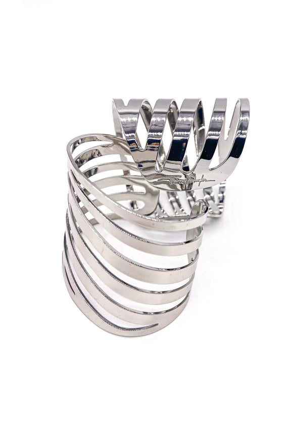 Thierry Mugler Silver Metallic Chrome Minimalistic Cut Out Swirl Cuff Bracelets