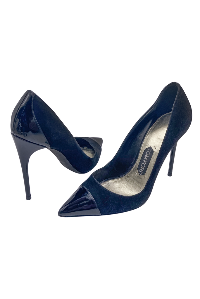 Tom Ford Black Suede Patent High Heel Pump Shoe Size 38.5