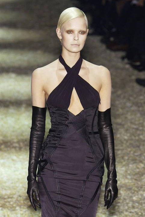 Gucci Black Silk Satin Bodycon Cut Out Open Back Corset Halter Dress FW2003