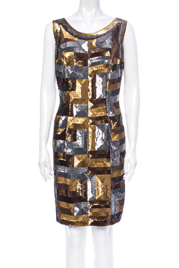 Tomasz Starzewski Bronze Silver Brown Sequin Art Deco Pattern Evening Dress