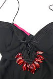 Emanuel Ungaro Black Chiffon Slip Dress Gown with Red Glass Beads