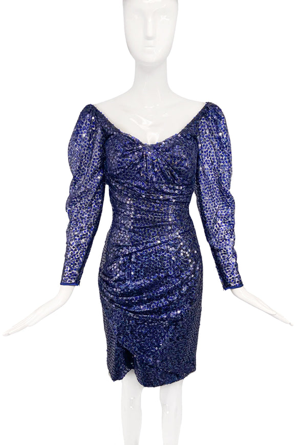 Emanuel Ungaro Blue Purple Vintage Sequin Sheer Sleeve Corset Padded Bra Cocktail Dress