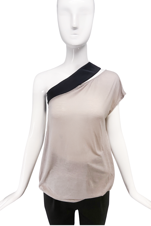 VPL Beige Black Asymmetric One Shoulder T-shirt Cut Out Top