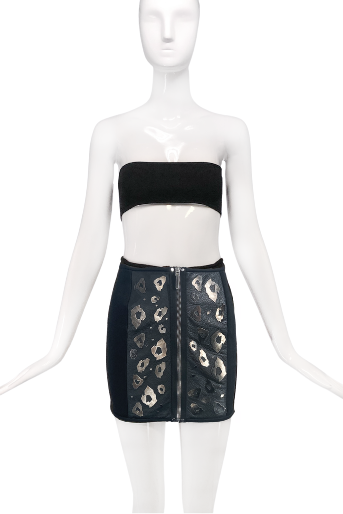 Anthony Vaccarello Black Leather Miniskirt with Silver Leopard Print Hardware FW2014
