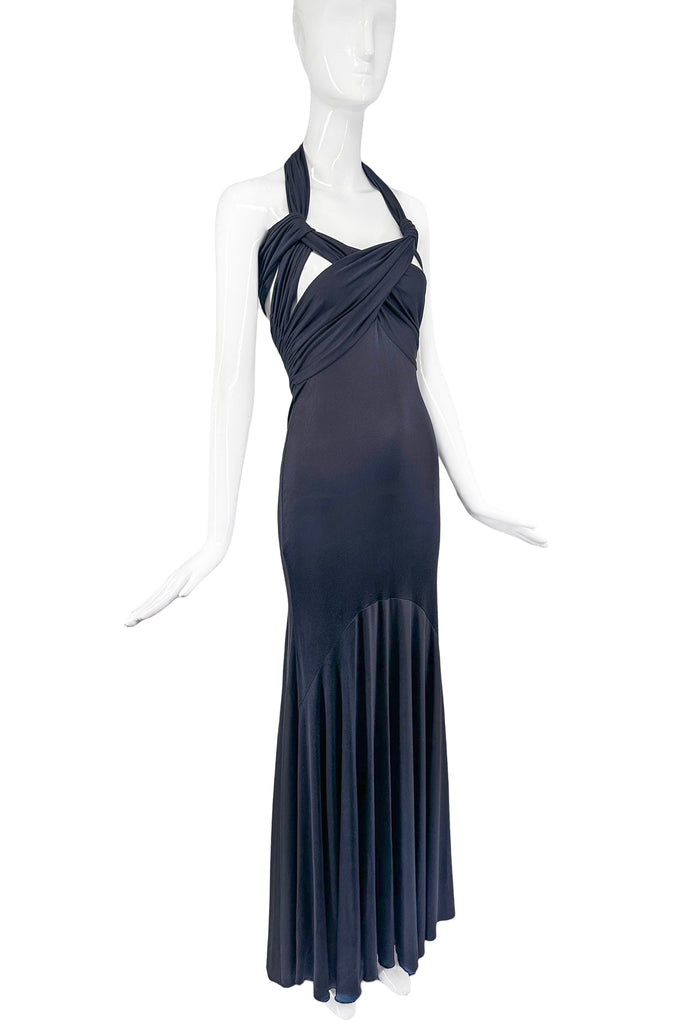 Valentino Black Dark Navy Criss Cross Silk Jersey Gown Runway 2004