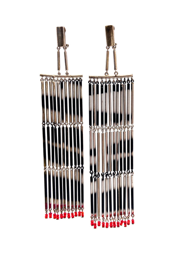 Valentino Haute Couture Silver Fringe Zebra Earrings with Red Glass Beads FW1999