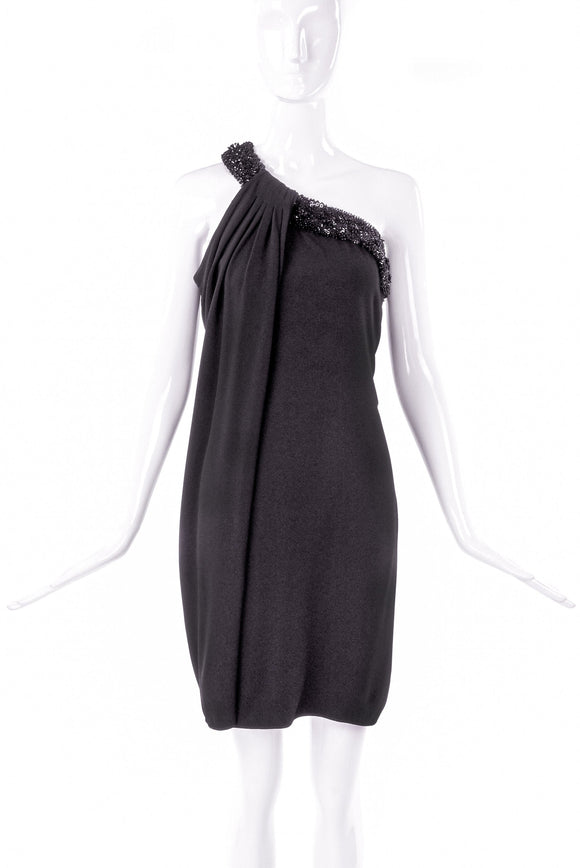 Valentino Night Black One Shoulder Dress with Bead and Sequin Detail
