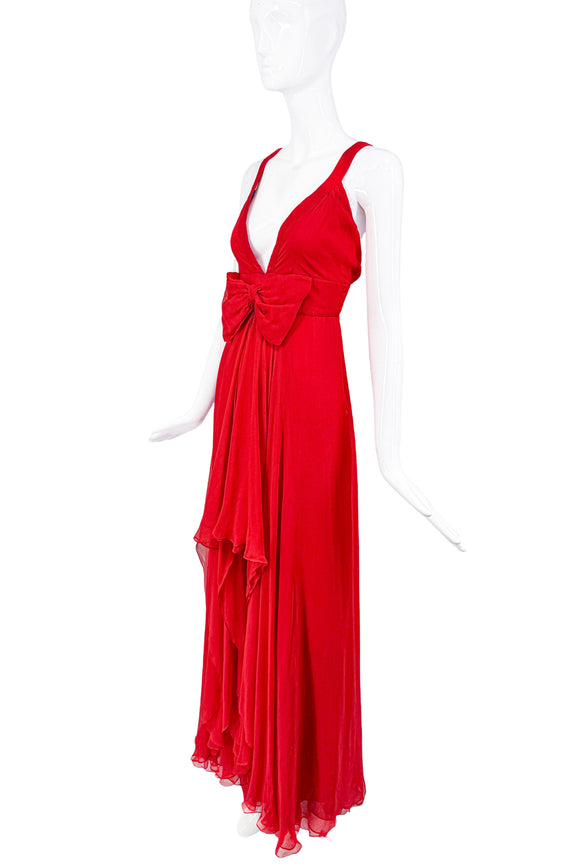 Valentino Red Silk Chiffon Short Front Long Back Bow Dress Gown