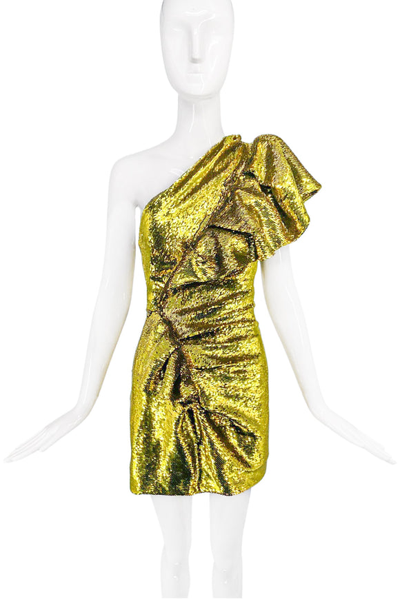 Alexandre Vauthier Lime Green Gold Sequin One Shoulder Ruffle Dress