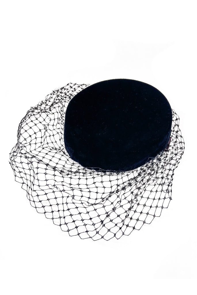 Vintage Black Velvet Pill Box Cocktail Hat with Net Veil