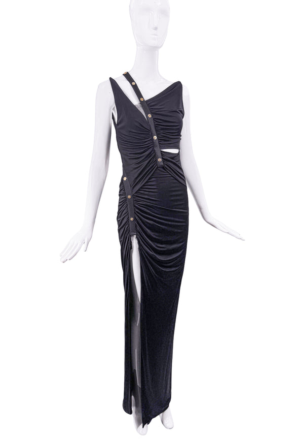 Versace Black Cut Out Gold Medusa Gown Dress