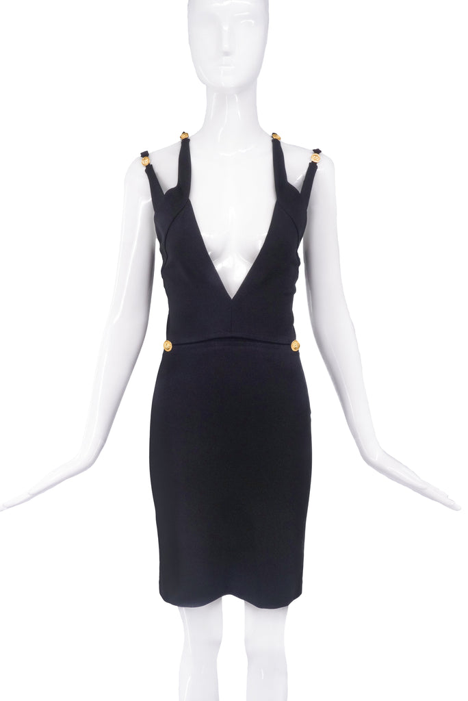Versus Versace Black Criss Cross Straps Gold Medallion Dress