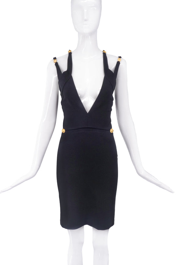 Versus Versace Black Criss Cross Straps Gold Medallion Dress