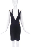 Versus Versace Black Criss Cross Straps Gold Medallion Dress