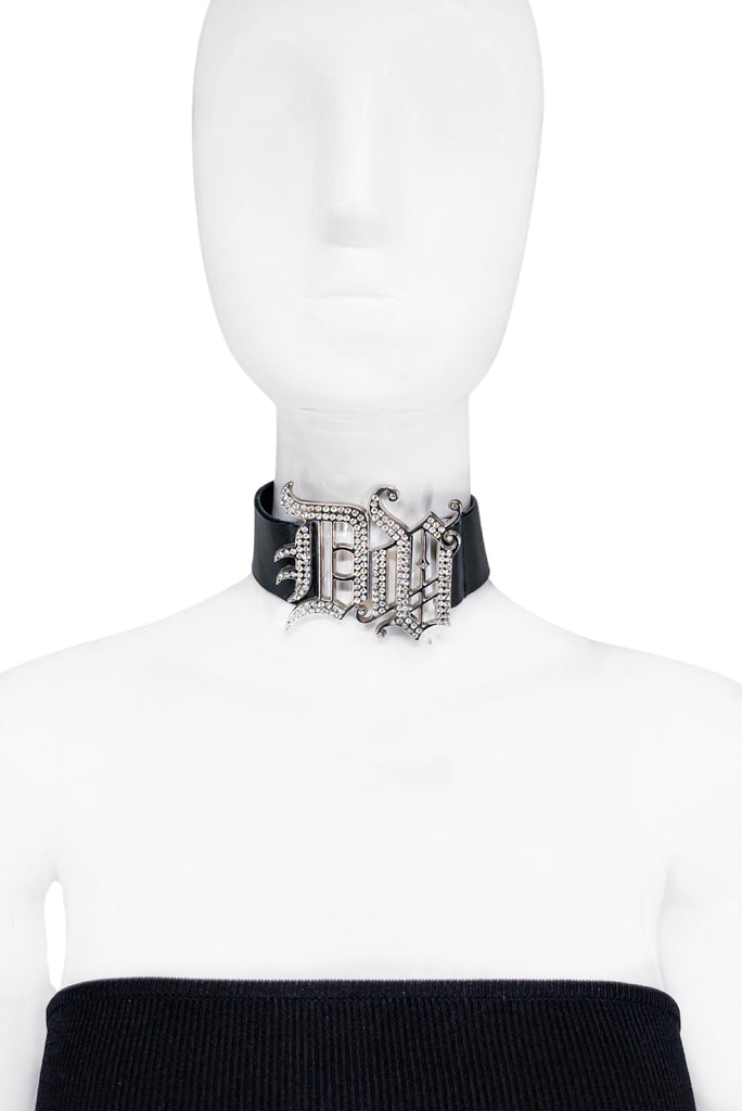 Gianni Versace Black Leather with Silver and Crystal "DV" Initial Biker Choker Necklace