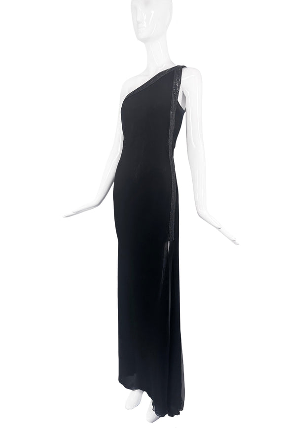 Versace Black One Shoulder Asymmetric Chain Mail Chain Mesh Sheer Silk Gown