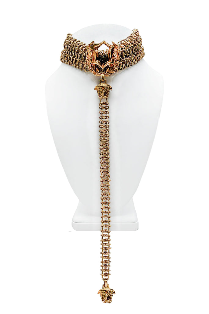 Vintage Gianni Versace Gold Chainmail Choker Necklace with Medusa Charm Details