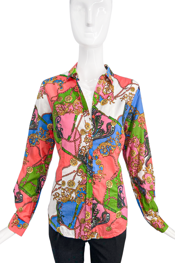 Vintage Multicolor Patchwork Baroque Chain Horse Hardware Hermes Versace Style Print Shirt
