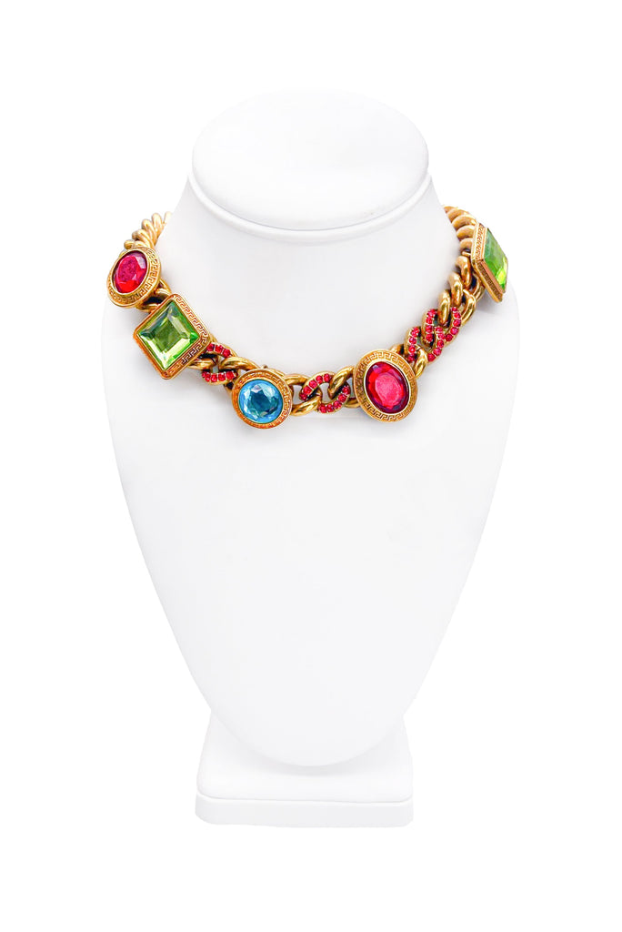 Versace Gold Chain Pave Ruby Red Peridot Green Turquoise Blue Gem Stone Necklace