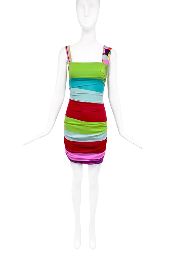 Versace Multicolor Colorblock Ruche Mini Dress with Floral Straps SS2003