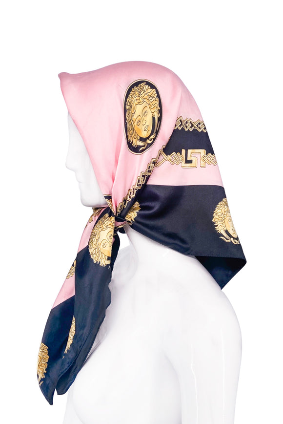Gianni Versace Pink and Black Silk Scarf with Gold Medusa and Greek Key Pattern
