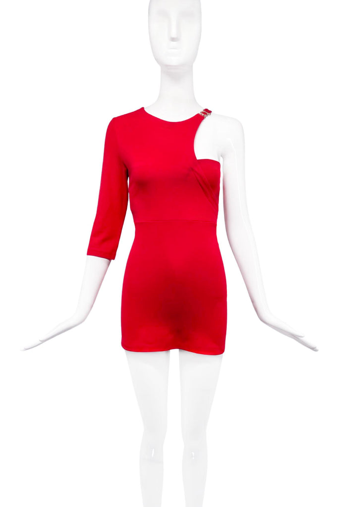 Versace Red Cut Out Halter Neck One Sleeve Body Con Mini Dress