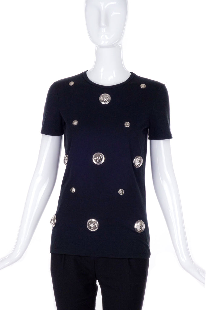Versus Versace Black T-Shirt with Silver Lion Medusa Medallions