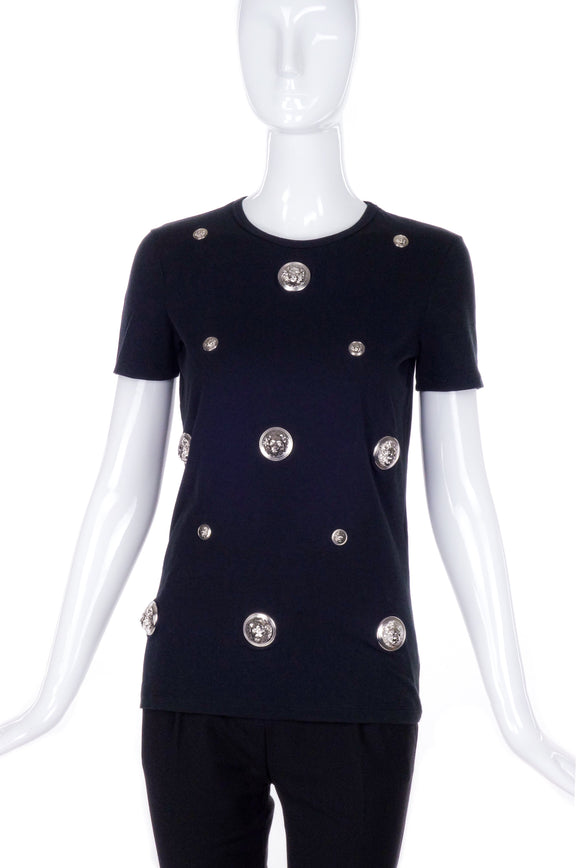 Versus Versace Black T-Shirt with Silver Lion Medusa Medallions