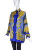 Versace Vintage Blue and Gold Baroque Medusa Print Silk Shirt