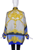 Versace Vintage Blue and Gold Baroque Medusa Print Silk Shirt