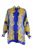 Versace Vintage Blue and Gold Baroque Medusa Print Silk Shirt